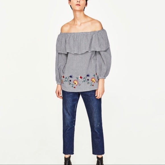 Zara Woman Off Shoulder Gingham Peasant Blouse XS - Picture 3 of 13